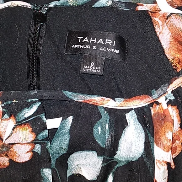 Tahari ASL Floral Velvet Silhouette Chiffon OverlayDress Red Yellow Bloom Black - Picture 6 of 14